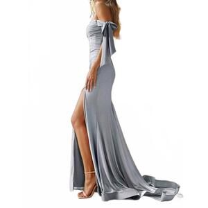 NEW LADIVINE high-slit jersey evening modest prom dress in dusty blue